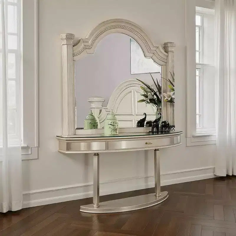 Royal Hampton Dresser Mirror, Reeded Posts, 49 Inch Antique White Bell Frame