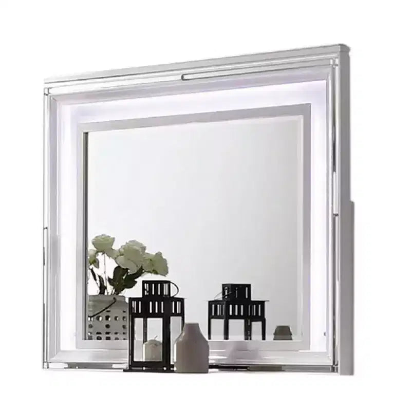 Miroir de commode Royal Hampton avec lumières LED, cadre en bois massif blanc de 47 pouces