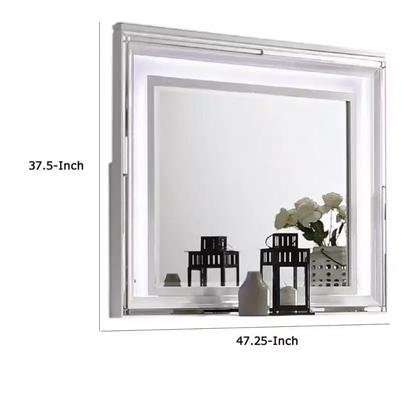 Miroir de commode Royal Hampton avec lumières LED, cadre en bois massif blanc de 47 pouces