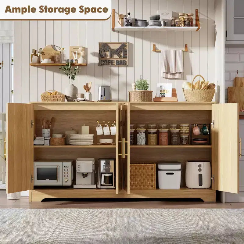 Meuble Buffet Commode de 150 cm, Meuble Bar à Café en Bois avec Portes en Rotin, Console d'Entrée, Armoire au Sol pour Salon