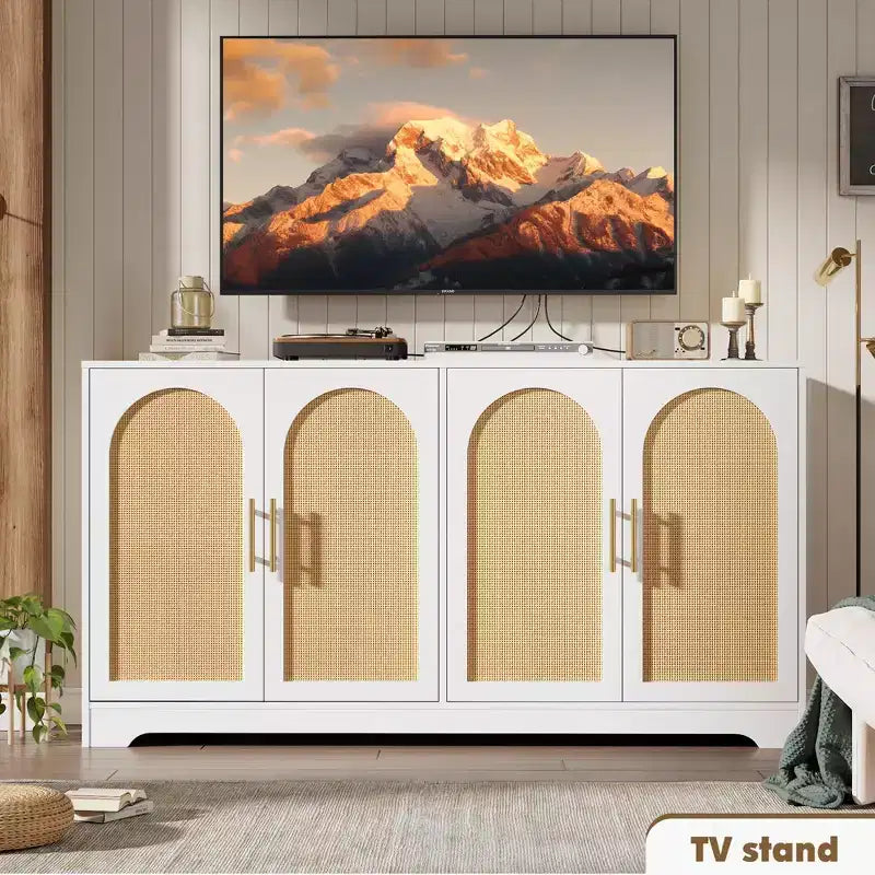 Meuble Buffet Commode de 150 cm, Meuble Bar à Café en Bois avec Portes en Rotin, Console d'Entrée, Armoire au Sol pour Salon