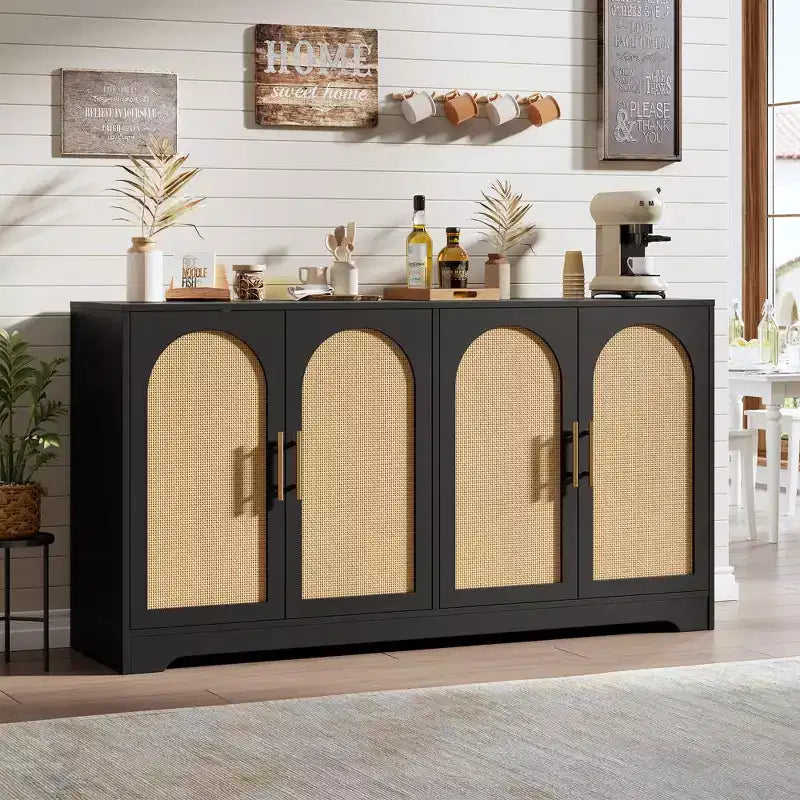 Meuble Buffet Commode de 150 cm, Meuble Bar à Café en Bois avec Portes en Rotin, Console d'Entrée, Armoire au Sol pour Salon