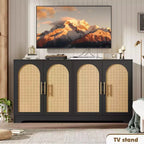Meuble Buffet Commode de 150 cm, Meuble Bar à Café en Bois avec Portes en Rotin, Console d'Entrée, Armoire au Sol pour Salon