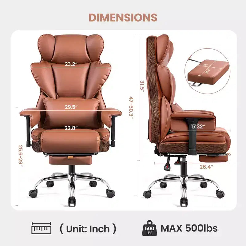 Fauteuil de bureau de direction KERDOM en cuir PU, accoudoirs et repose-pieds réglables, dossier haut et soutien lombaire