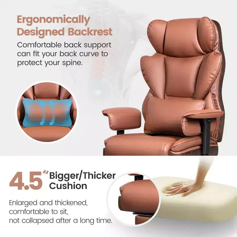 Fauteuil de bureau de direction KERDOM en cuir PU, accoudoirs et repose-pieds réglables, dossier haut et soutien lombaire