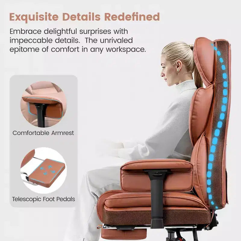 Fauteuil de bureau de direction KERDOM en cuir PU, accoudoirs et repose-pieds réglables, dossier haut et soutien lombaire