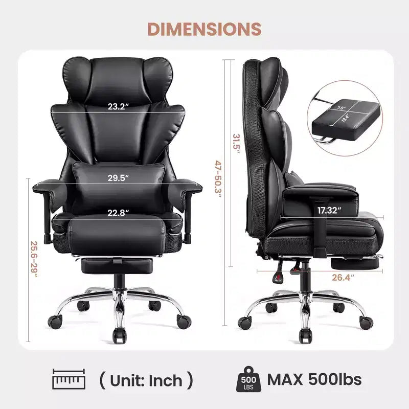 Fauteuil de bureau de direction KERDOM en cuir PU, accoudoirs et repose-pieds réglables, dossier haut et soutien lombaire