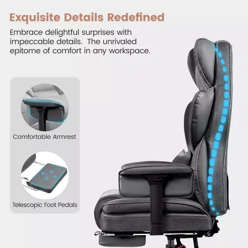 Fauteuil de bureau de direction KERDOM en cuir PU, accoudoirs et repose-pieds réglables, dossier haut et soutien lombaire