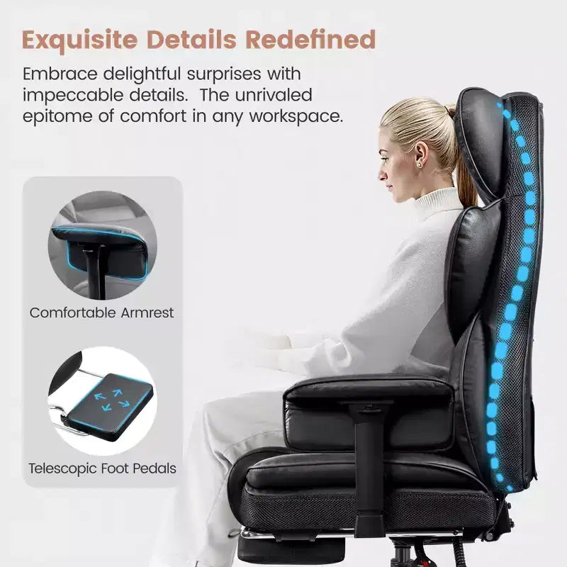 Fauteuil de bureau de direction KERDOM en cuir PU, accoudoirs et repose-pieds réglables, dossier haut et soutien lombaire