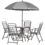 6 Piece Patio Dining Set for 4 with Umbrella, with 4 Folding Dining Chairs & Round Glass Table for Garden