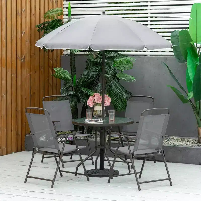 Ensemble de salle à manger de patio 6 pièces pour 4 avec parasol, avec 4 chaises de salle à manger pliantes et une table ronde en verre pour le jardin