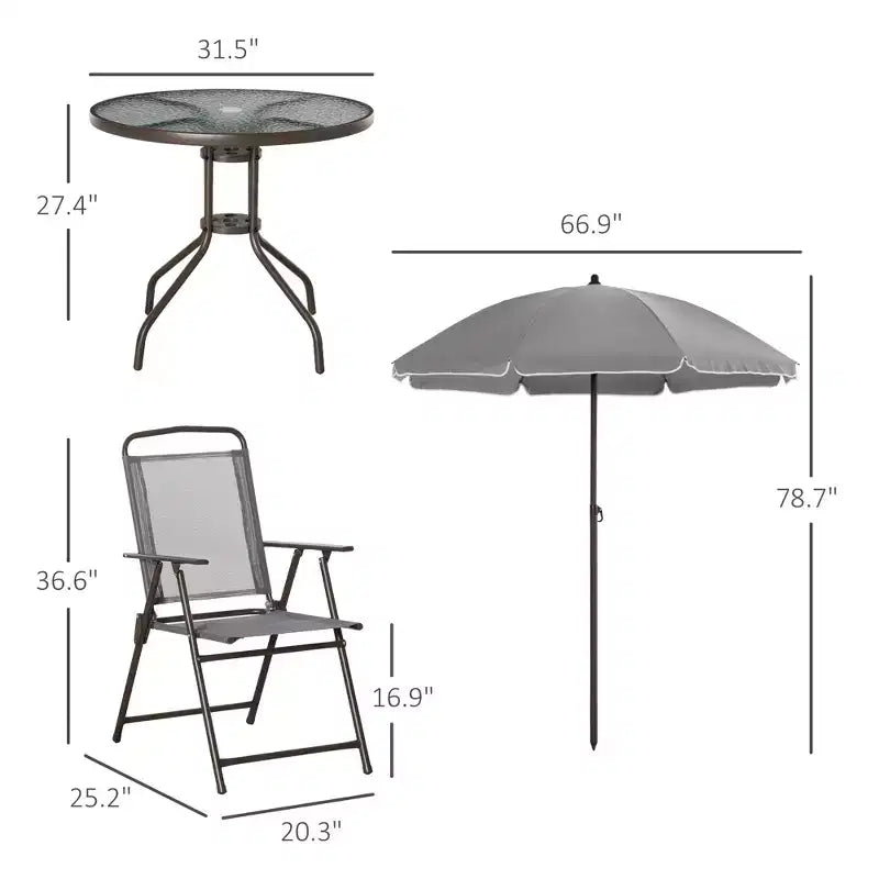 Ensemble de salle à manger de patio 6 pièces pour 4 avec parasol, avec 4 chaises de salle à manger pliantes et une table ronde en verre pour le jardin