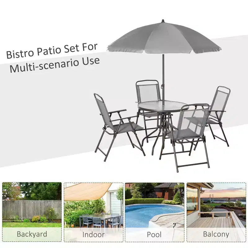 Ensemble de salle à manger de patio 6 pièces pour 4 avec parasol, avec 4 chaises de salle à manger pliantes et une table ronde en verre pour le jardin