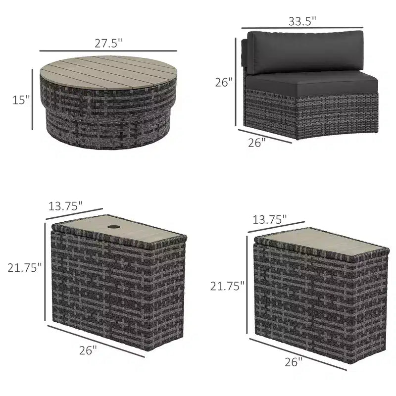 Ensemble de mobilier de patio 8 pièces avec 4 chaises de canapé en rotin et 4 tables avec rangement et trou pour parasol