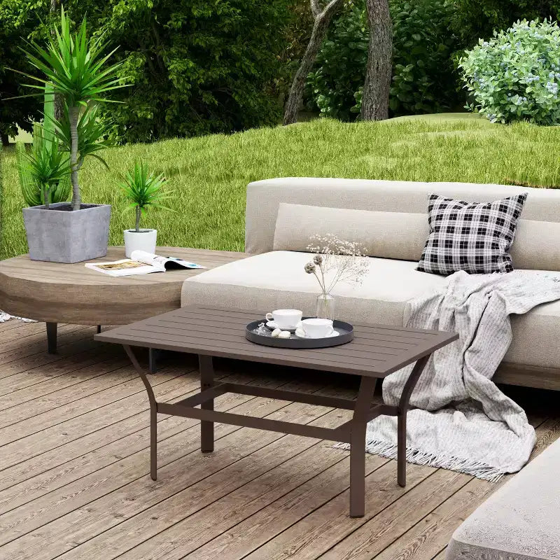 Table basse d'extérieur avec plateau à lattes, table basse de patio rectangulaire en métal tout temps pour jardin