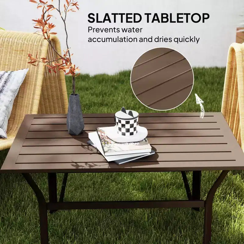 Table basse d'extérieur avec plateau à lattes, table basse de patio rectangulaire en métal tout temps pour jardin