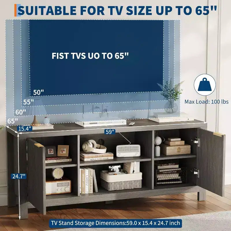 Meuble TV en bois de 59 po pour téléviseurs jusqu'à 65 po, meuble TV de style moderne du milieu du siècle avec armoires de rangement et étagères ouvertes, pour salon