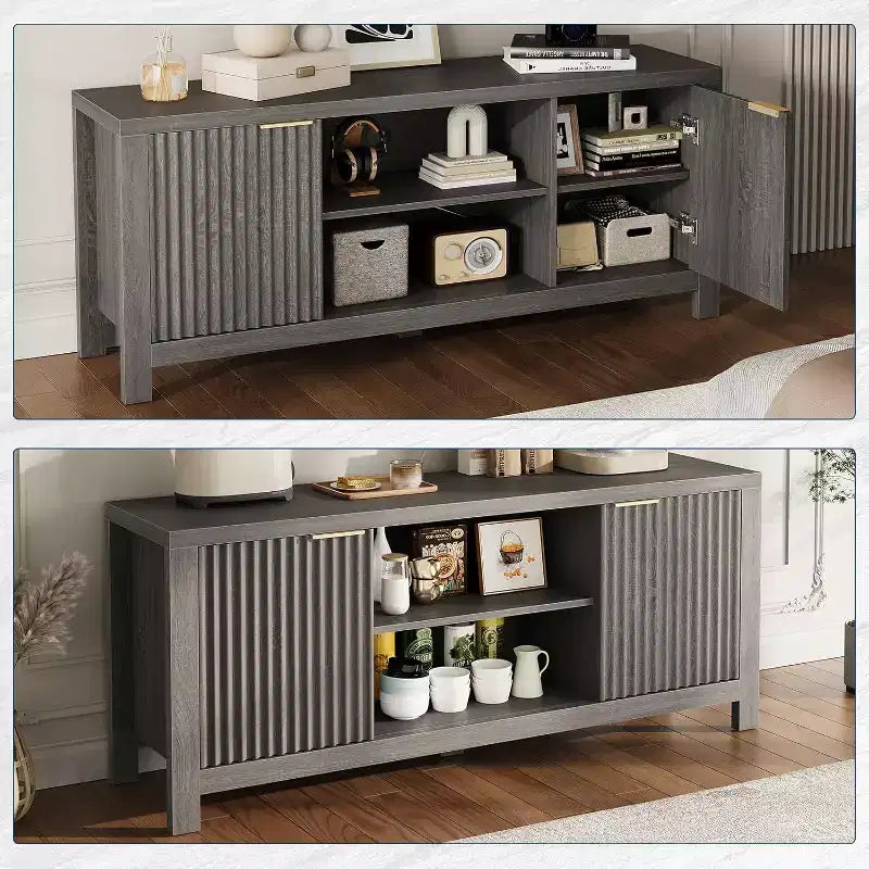 Meuble TV en bois de 59 po pour téléviseurs jusqu'à 65 po, meuble TV de style moderne du milieu du siècle avec armoires de rangement et étagères ouvertes, pour salon