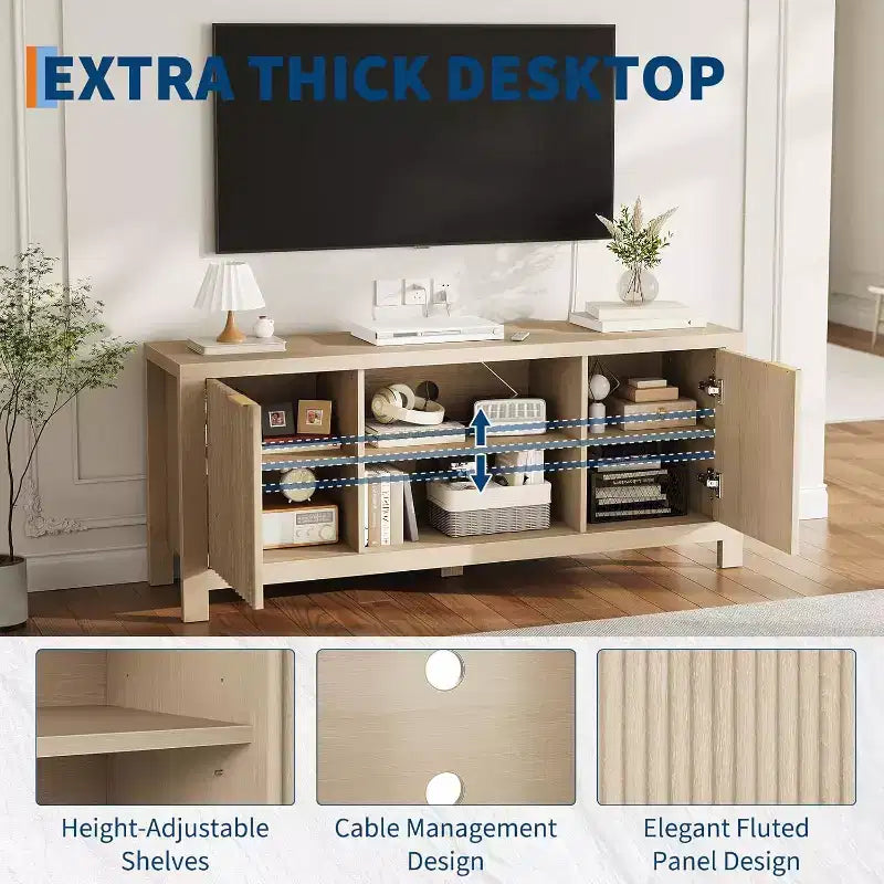 Meuble TV en bois de 59 po pour téléviseurs jusqu'à 65 po, meuble TV de style moderne du milieu du siècle avec armoires de rangement et étagères ouvertes, pour salon