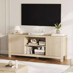 Meuble TV en bois de 59 po pour téléviseurs jusqu'à 65 po, meuble TV de style moderne du milieu du siècle avec armoires de rangement et étagères ouvertes, pour salon