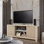 Meuble TV en bois de 59 po pour téléviseurs jusqu'à 65 po, meuble TV de style moderne du milieu du siècle avec armoires de rangement et étagères ouvertes, pour salon