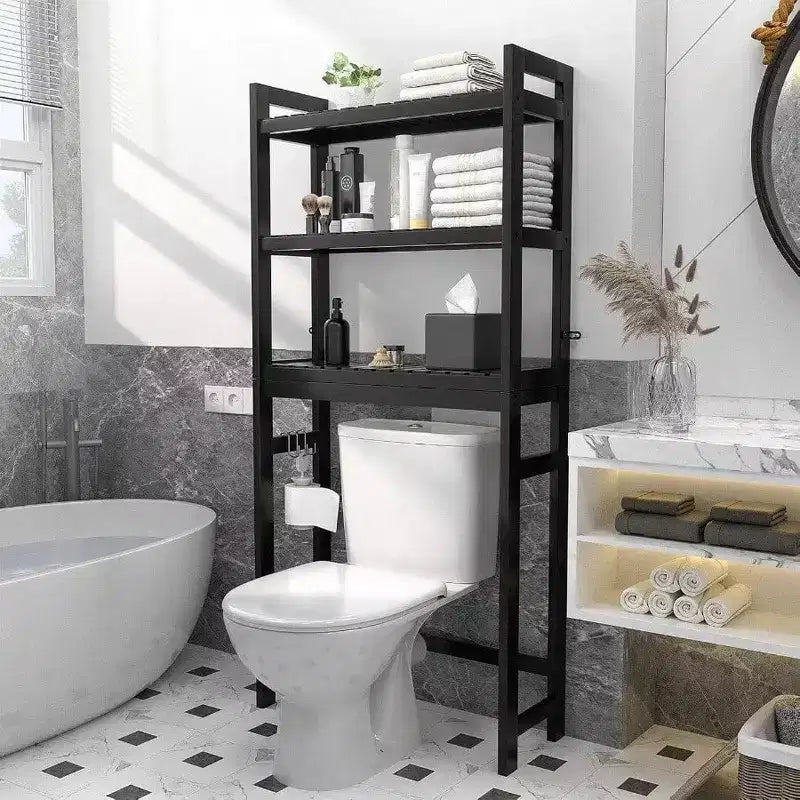Étagère de rangement au-dessus des toilettes à 3 niveaux avec 3 crochets, organiseur de salle de bain autoportant, petite taille