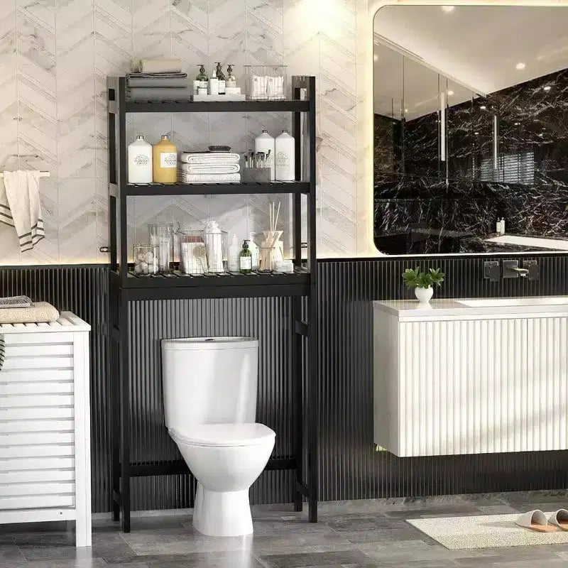 Étagère de rangement au-dessus des toilettes à 3 niveaux avec 3 crochets, organiseur de salle de bain autoportant, petite taille