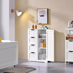 Meuble bas en bois blanc à 4 tiroirs et 1 placard, console autoportante pour entrée, organisateur de rangement de salle de bain