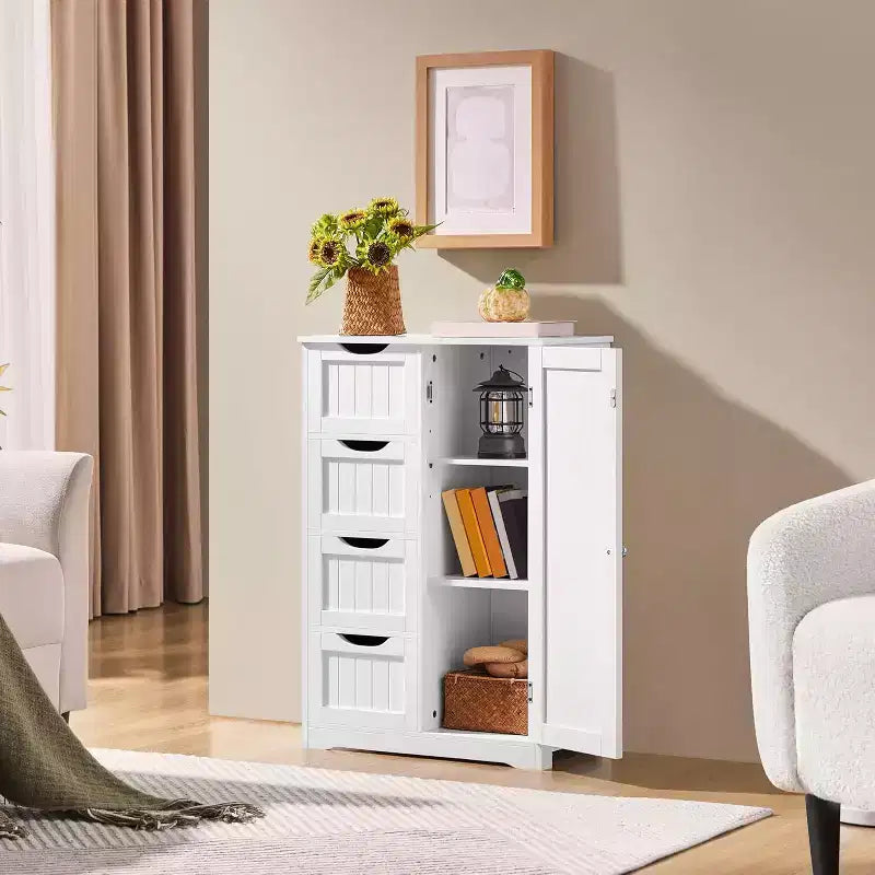 Meuble bas en bois blanc à 4 tiroirs et 1 placard, console autoportante pour entrée, organisateur de rangement de salle de bain