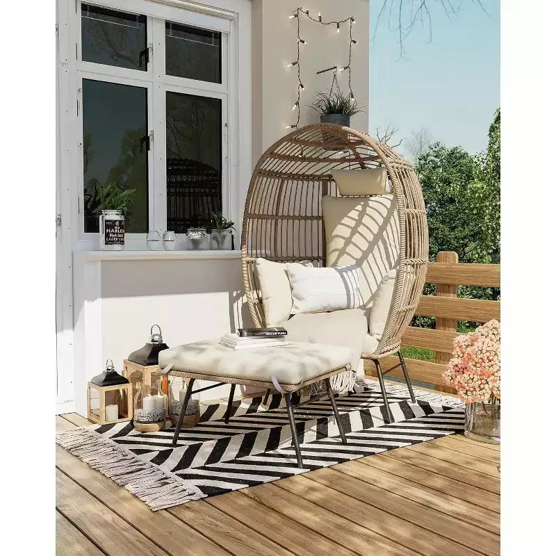 Fauteuil œuf surdimensionné en osier avec pouf et 5 coussins, chaise longue en rotin pour l'intérieur, le patio et le porche