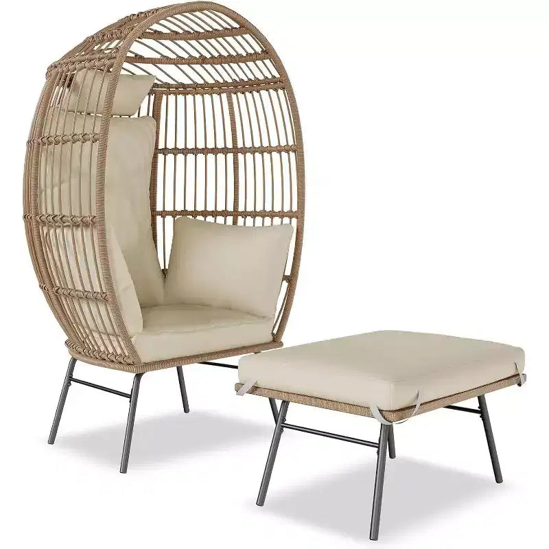 Fauteuil œuf surdimensionné en osier avec pouf et 5 coussins, chaise longue en rotin pour l'intérieur, le patio et le porche