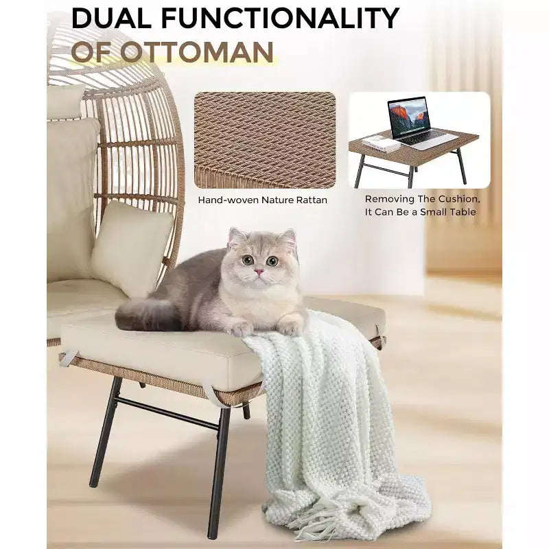 Fauteuil œuf surdimensionné en osier avec pouf et 5 coussins, chaise longue en rotin pour l'intérieur, le patio et le porche