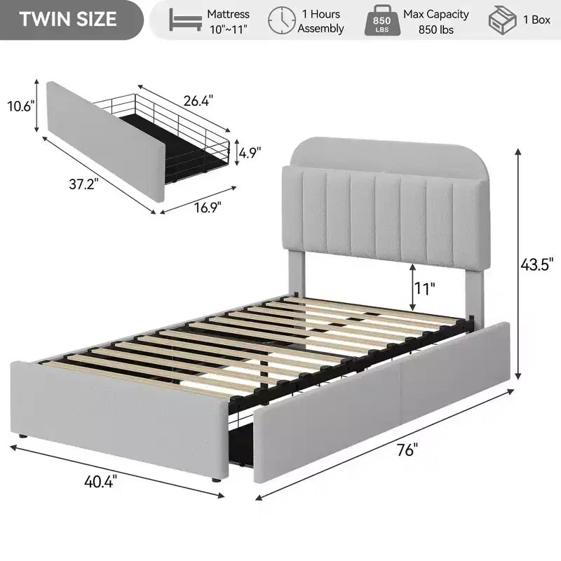 Lit plateforme double Boucle avec tête de lit bibliothèque et tiroirs de rangement - Lit capitonné silencieux pour jeunes garçons et filles, aucun sommier tapissier requis