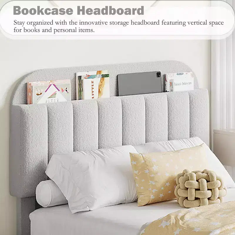 Lit plateforme double Boucle avec tête de lit bibliothèque et tiroirs de rangement - Lit capitonné silencieux pour jeunes garçons et filles, aucun sommier tapissier requis