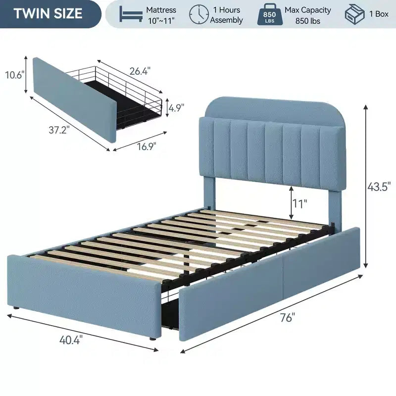 Lit plateforme double Boucle avec tête de lit bibliothèque et tiroirs de rangement - Lit capitonné silencieux pour jeunes garçons et filles, aucun sommier tapissier requis