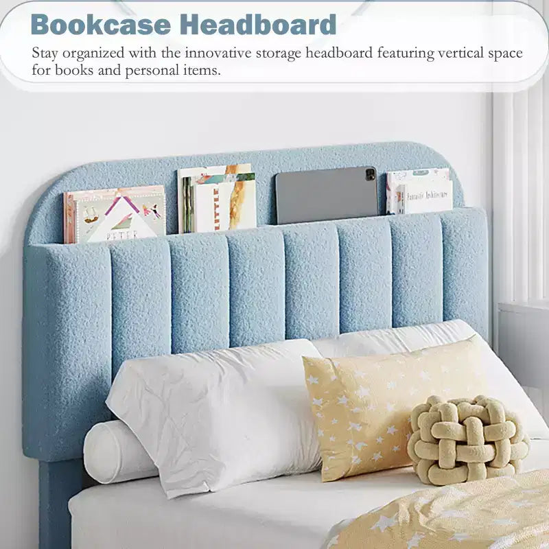 Lit plateforme double Boucle avec tête de lit bibliothèque et tiroirs de rangement - Lit capitonné silencieux pour jeunes garçons et filles, aucun sommier tapissier requis