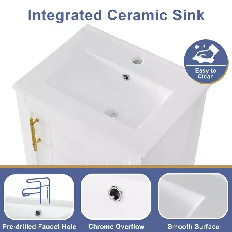 MAYEERTY Meuble-lavabo de salle de bain 20 po avec évier, porte à fermeture douce, étagère de rangement, étagère ouverte, blanc