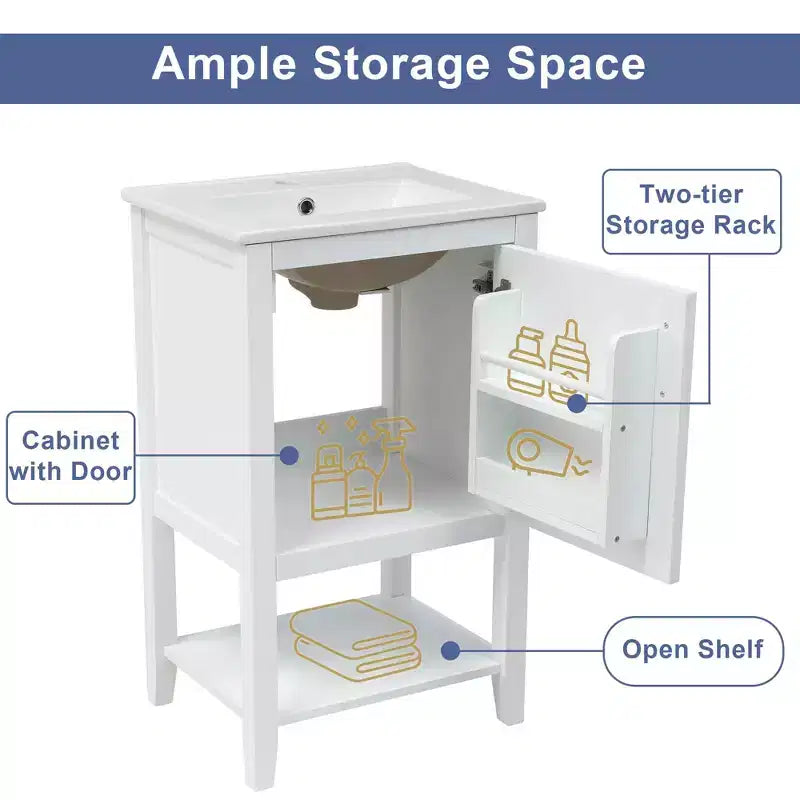 MAYEERTY Meuble-lavabo de salle de bain 20 po avec évier, porte à fermeture douce, étagère de rangement, étagère ouverte, blanc