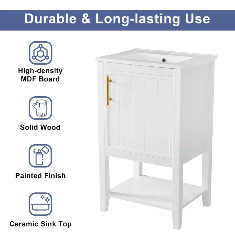 MAYEERTY Meuble-lavabo de salle de bain 20 po avec évier, porte à fermeture douce, étagère de rangement, étagère ouverte, blanc