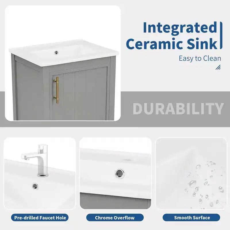 MAYEERTY Meuble-lavabo de salle de bain 20 po avec évier, porte à fermeture douce, étagère de rangement, étagère ouverte, blanc