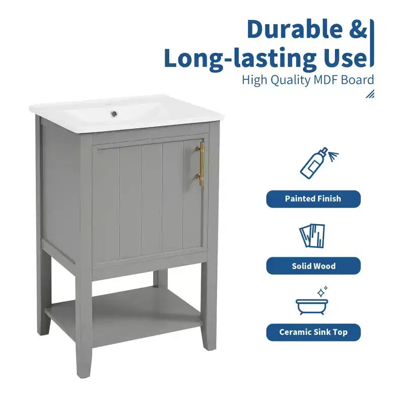 MAYEERTY Meuble-lavabo de salle de bain 20 po avec évier, porte à fermeture douce, étagère de rangement, étagère ouverte, blanc