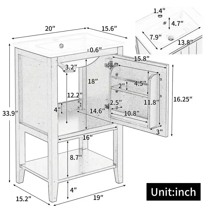 MAYEERTY Meuble-lavabo de salle de bain 20 po avec évier, porte à fermeture douce, étagère de rangement, étagère ouverte, blanc