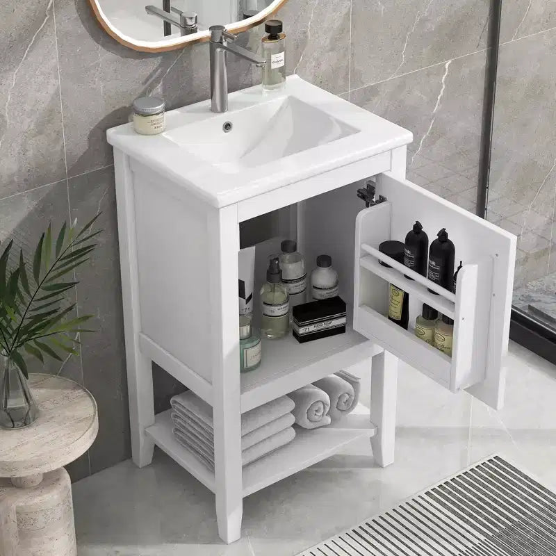 MAYEERTY Meuble-lavabo de salle de bain 20 po avec évier, porte à fermeture douce, étagère de rangement, étagère ouverte, blanc