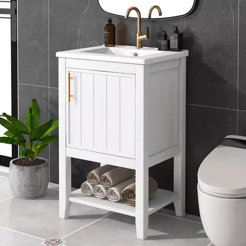 MAYEERTY Meuble-lavabo de salle de bain 20 po avec évier, porte à fermeture douce, étagère de rangement, étagère ouverte, blanc