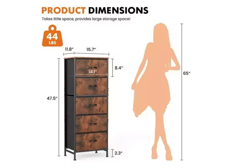 JIONJOY Commode en tissu à 5 tiroirs - Cadre en métal, plateau en bois, meuble TV pour rangement de vêtements (salon, couloir, entrée)