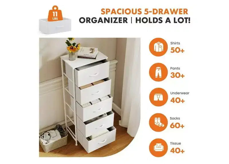 JIONJOY Commode en tissu à 5 tiroirs - Cadre en métal, plateau en bois, meuble TV pour rangement de vêtements (salon, couloir, entrée)