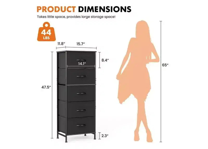 JIONJOY Commode en tissu à 5 tiroirs - Cadre en métal, plateau en bois, meuble TV pour rangement de vêtements (salon, couloir, entrée)