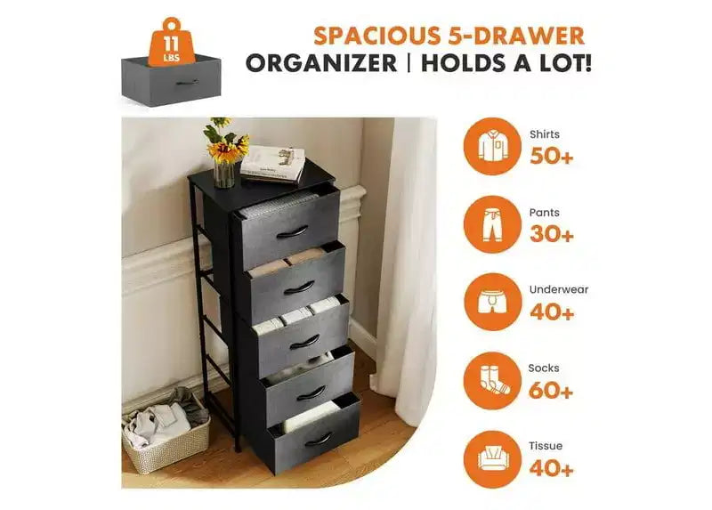 JIONJOY Commode en tissu à 5 tiroirs - Cadre en métal, plateau en bois, meuble TV pour rangement de vêtements (salon, couloir, entrée)