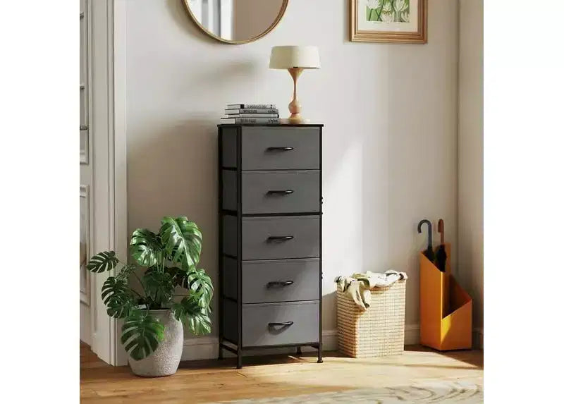 JIONJOY Commode en tissu à 5 tiroirs - Cadre en métal, plateau en bois, meuble TV pour rangement de vêtements (salon, couloir, entrée)