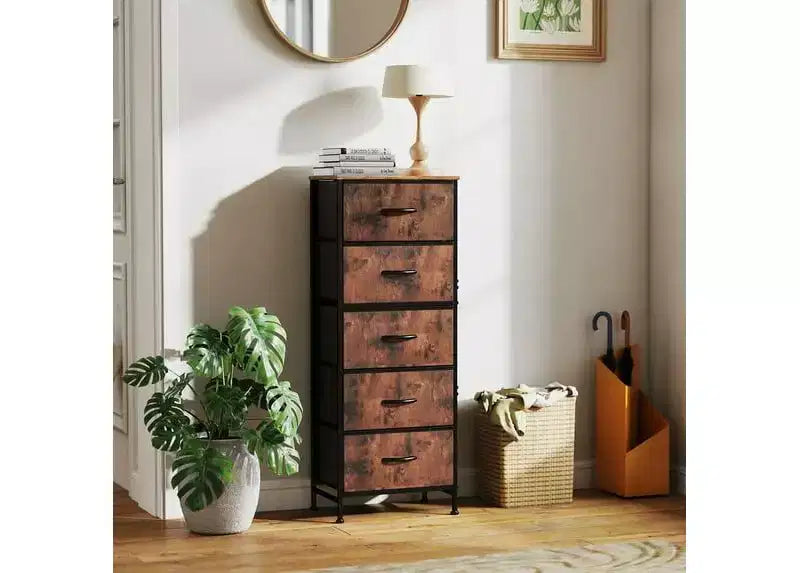 JIONJOY Commode en tissu à 5 tiroirs - Cadre en métal, plateau en bois, meuble TV pour rangement de vêtements (salon, couloir, entrée)